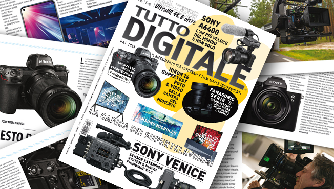 Già disponibile in versione elettronica (per computer PC/Mac e per tablet & smartphone sia iOS che Android), e in arrivo nei prossimi giorni nell'edizione su carta, ecco il nuovo numero di Tutto Digitale, il 127 Copertina bianca, ricca di immagini di apparecchi, per il numero 127 di Tutto Digitale, il primo del 22° anno di pubblicazioni. Un fascicolo che si presenta con una copertina piena di spunti interessanti. Iniziamo dall'alto, sopra la testata, dove spunta la sagoma di una fotocamera molto interessante, qui in versione 'video leggero'. Stiamo parlando della Sony A6400, che si presenta con l'AF più veloce del mondo e molte altre caratteristiche di primissimo piano; varie foto e ampi dettagli all'interno. Sotto la testata, invece, l'occhio cade su altri due oggetti importanti, uno del momento, l'altro del momento successivo: rispettivamente, Nikon Z6 e Panasonic S. Della Nikon Z6, attualissima mirrorless full frame, pubblichiamo una completa prova foto & video. Un vero test 'definitivo', da integrare con quanto pubblicato sul canale di Tutto Digitale su YouTube – high speed, sensibilità eccetera – necessari per un giudizio completo sulla macchina. Macchina che, come è annunciato in copertina e precisato meglio all'interno, con il prossimo firmware riceverà altri migliramenti, fra cui l'Eye Detection e soprattutto il ProRes RAW. Ne riparleremo! L'altra fotocamera, quella del 'momento successivo' (mentre scriviamo non è ancora disponibile) è la mirrorless Panasonic S, la prima nel nuovo L-format, di cui vi forniamo altri dettagli in più rispetto ai (pochissimi) già comunicati ufficialmente. Uno sguardo più in basso nella copertina ci porta allo strillo 'la carica dei supertelevisori', che pone l'accento, appunto, sui nuovi apparecchi per la visione, fra evoluzione e rivoluzione. Tre le proposte presentate, con Sony LED Full Array 4K HDR, Samsung MicroLED e LG OLED 'arrotolabile'. Davvero, ne vedremo delle belle… Chiudiamo la copertina con una novità annunciata, la macchina da presa Sony Venice, che oggi si completa con nuovo firmware e il kit Extension per riprese 'impossibili'. All'interno di Tutto Digitale 127, ancora molto altro. Citiamo a memoria e in ordine sparso una serie di articoli dedicati alla presentazione di filmati video e relativi backstage, un articolo di tecnica di ripresa che presenta le principali differenze 'estetiche' fra pellicola e digitale, un dossier che svela la passworld per il futuro (ve la sveliamo: AI8K5G) e tanti prodotti in arrivo. E ancora, un articolo sui sistemi NDI per la copertura di eventi in diretta, un servizio o che affronta il tema del 'detox digitale', la presentazione della mostra fotografica del maestro Franco Fontana con alcune sue foto significative, le candidature dell'ASC per i migliori cinematographer dell'anno. E poi, le consuete rubriche, la posta, e molto altro ancora! In conclusione, Tutto Digitale 127 è già disponibile in versione elettronica sfogliabile, per computer (sia Mac che PC), smartphone e tablet (sia iOS che Android) e nei prossimi giorni sarà in tutte le edicole. Buona lettura!